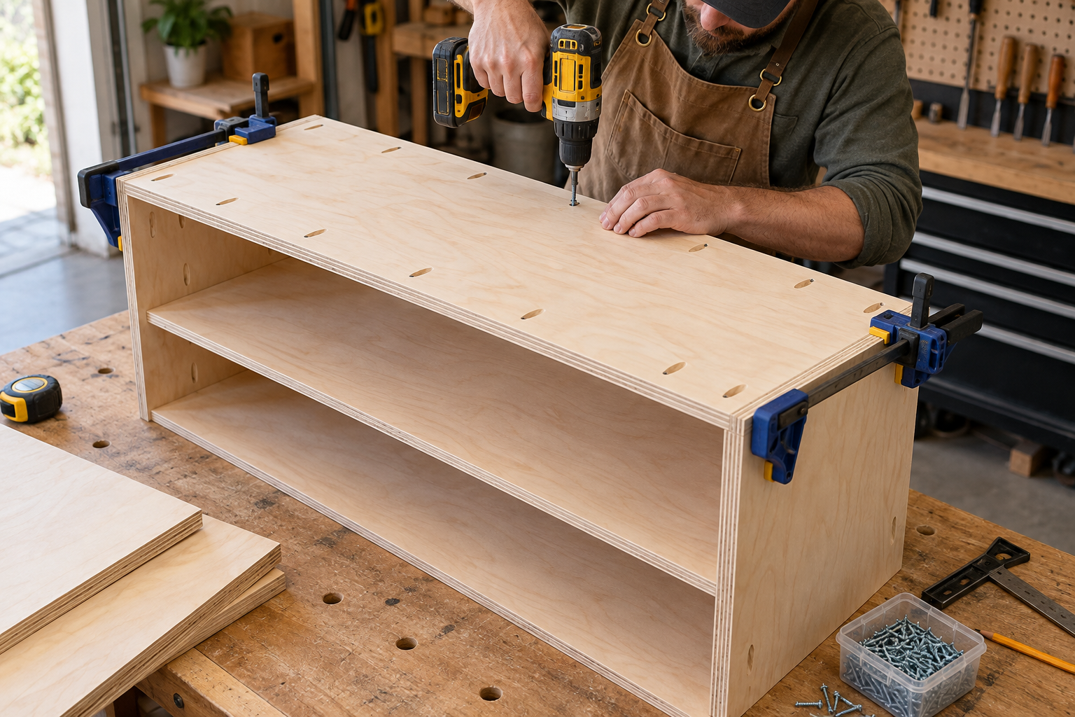 Plywood shoe cabinet with two doors and adjustable shelves in a home entryway