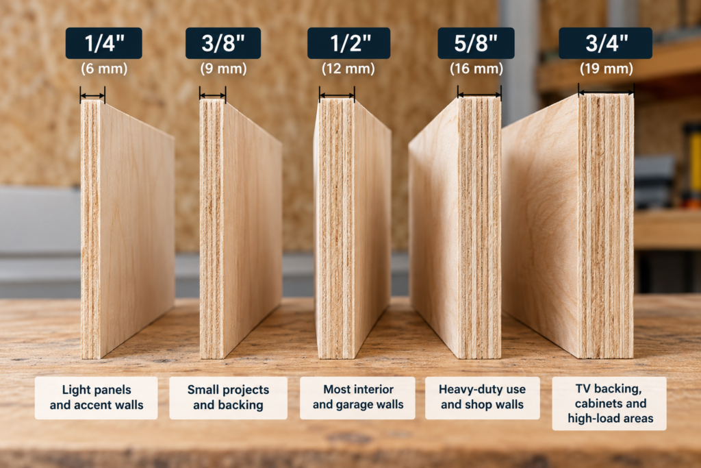 Plywood thickness for walls comparison showing 1/4, 3/8, 1/2, 5/8 and 3/4 inch panels