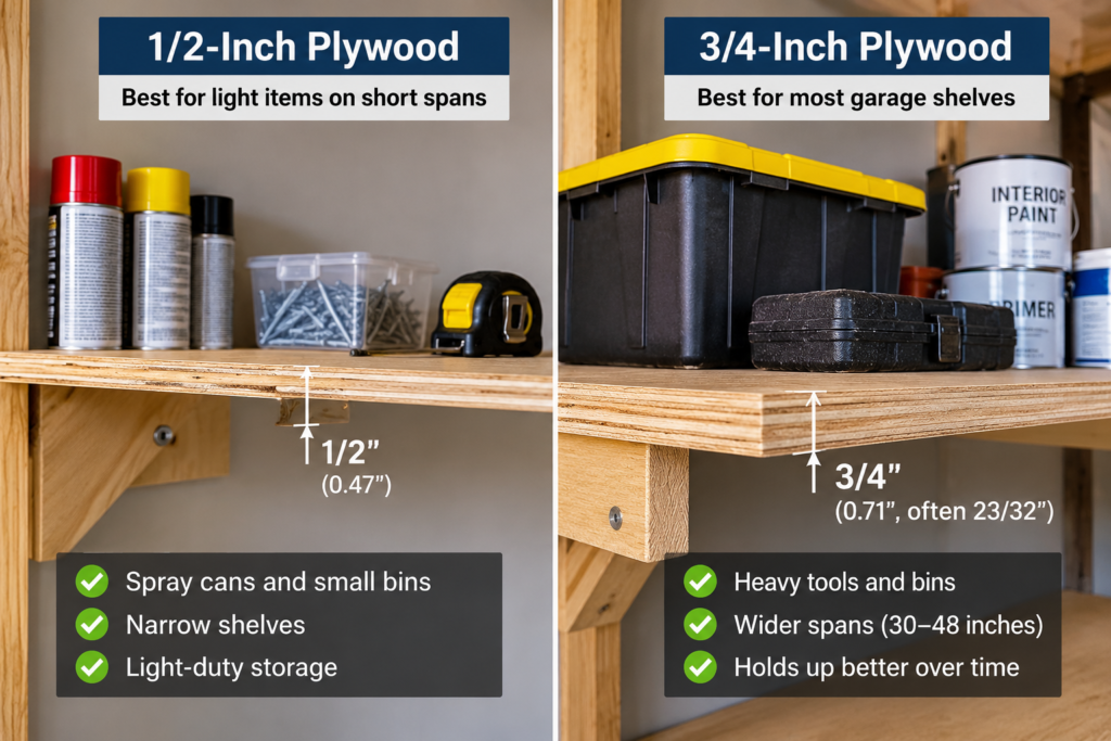 Plywood thickness for garage shelves comparison showing 1/2-inch plywood for light storage and 3/4-inch plywood for heavier tools, paint cans, and storage bins.