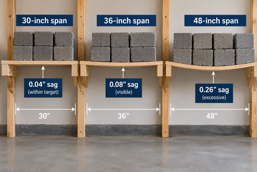 Plywood thickness for garage shelves showing 3/4-inch plywood sag at 30-inch, 36-inch, and 48-inch support spans under heavy loads, with measured deflection of 0.04, 0.08, and 0.26 inches.