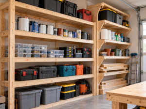 Plywood thickness for garage shelves showing heavy-duty 3/4-inch plywood shelving supported by wooden frames and holding tools, paint cans, and storage bins.