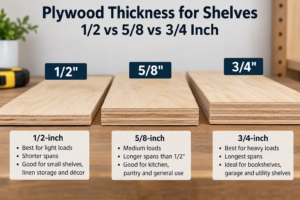 Best Plywood Thickness for Shelves: 1/2 vs 5/8 vs 3/4 Inch Plywood thickness for shelves comparison showing 1/2-inch, 5/8-inch and 3/4-inch plywood for different loads and spans.