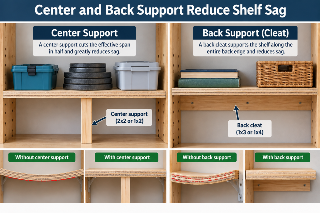 Plywood thickness for shelves support diagram showing how center supports and back cleats reduce sag on longer plywood shelves.