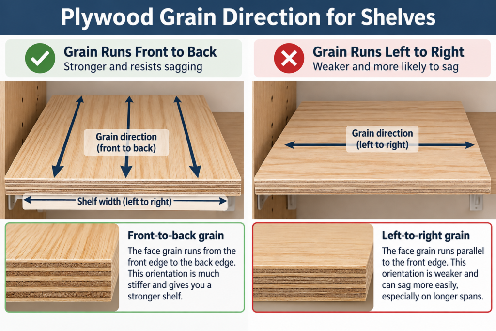 Plywood thickness for shelves grain direction diagram showing the correct face grain orientation for a stiffer shelf and reduced sag.