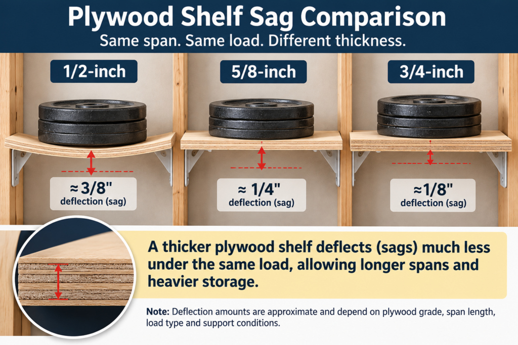 Plywood thickness for shelves sag comparison showing less deflection as plywood increases from 1/2-inch to 5/8-inch and 3/4-inch.
