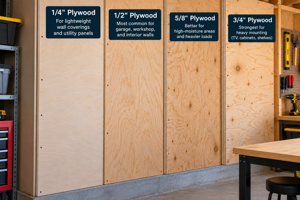 Plywood thickness for walls showing 1/4, 1/2, 5/8 and 3/4 inch options for interior, garage and workshop walls