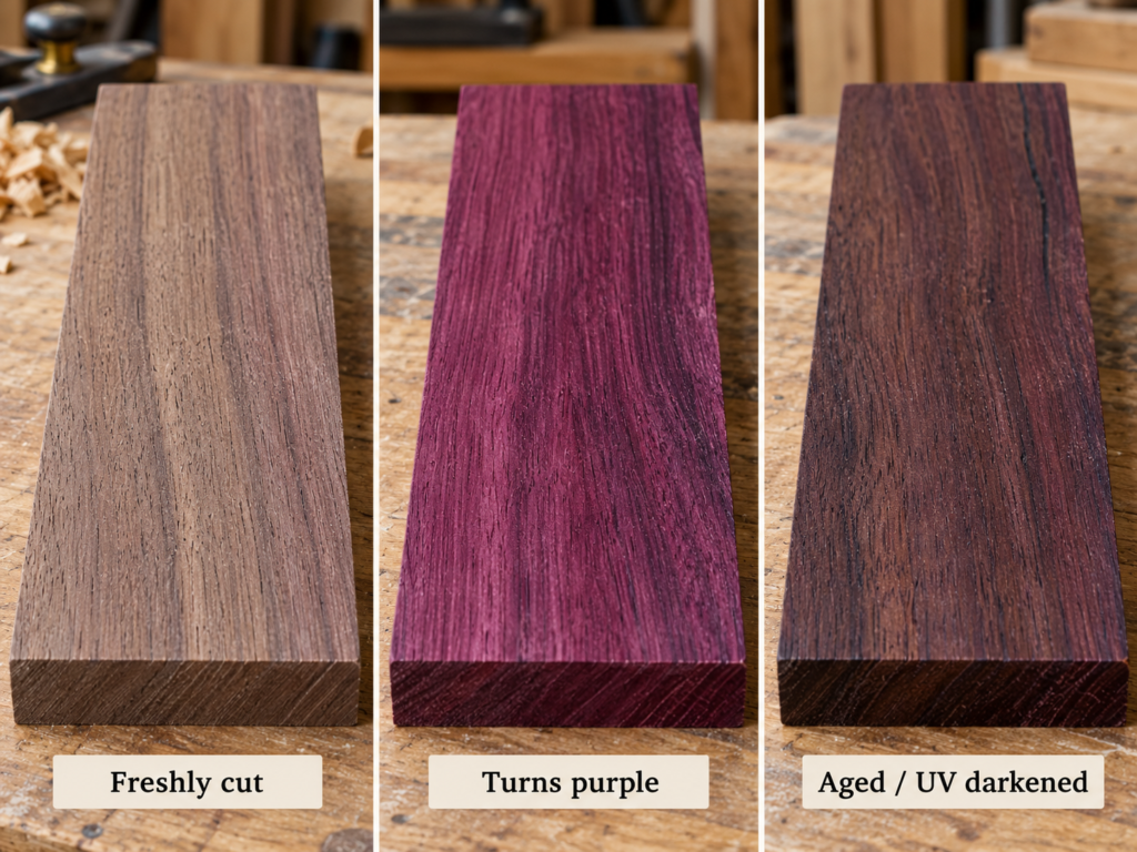 Purple Heart wood color change from fresh brown cut to vivid purple to aged UV-darkened brownish purple