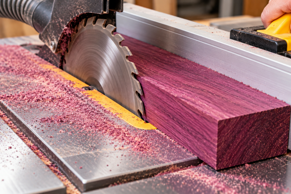 Purple Heart wood being cut with a carbide saw blade during woodworking