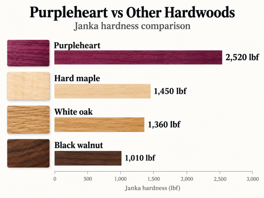 Purple Heart wood hardness comparison chart showing Janka hardness versus hard maple, white oak, and black walnut
