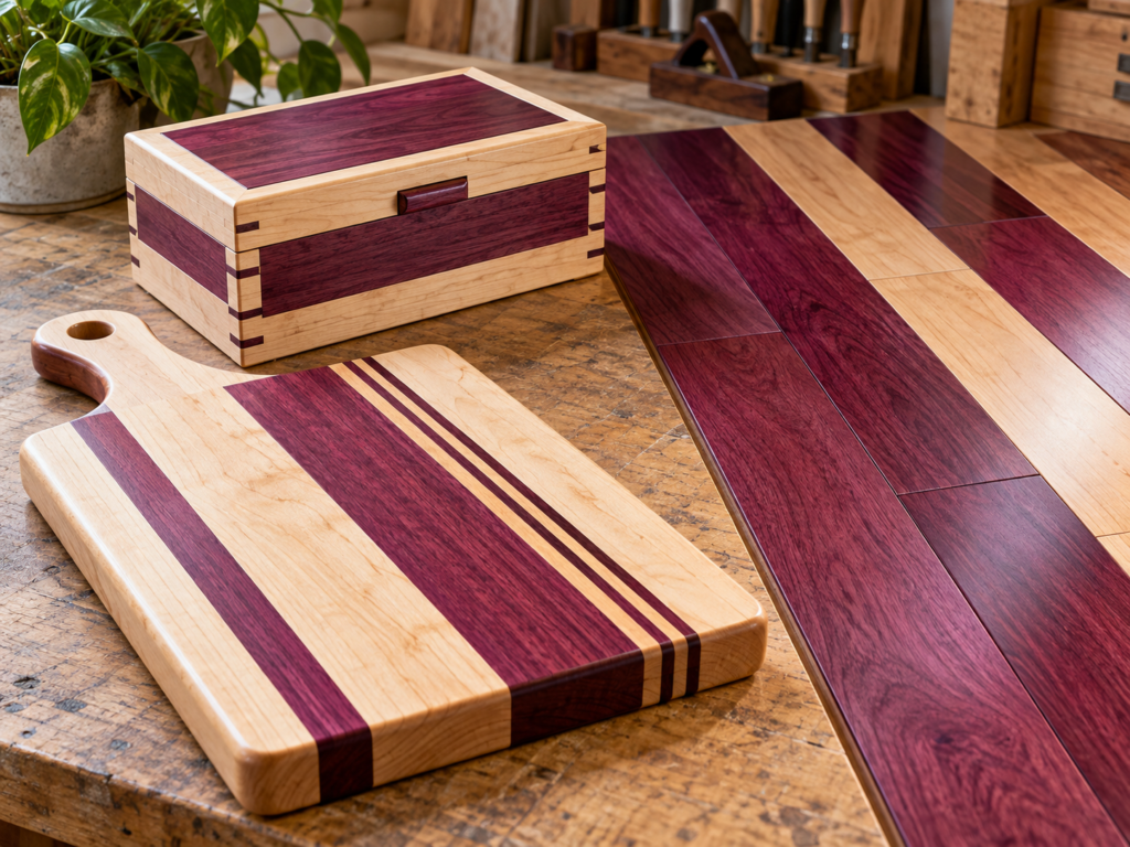 Purple Heart wood used for a cutting board, decorative box, inlay, and flooring
