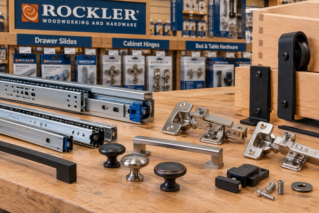 Rockler Woodworking specialty cabinet hardware, including drawer slides, concealed hinges, cabinet handles, and furniture hardware.