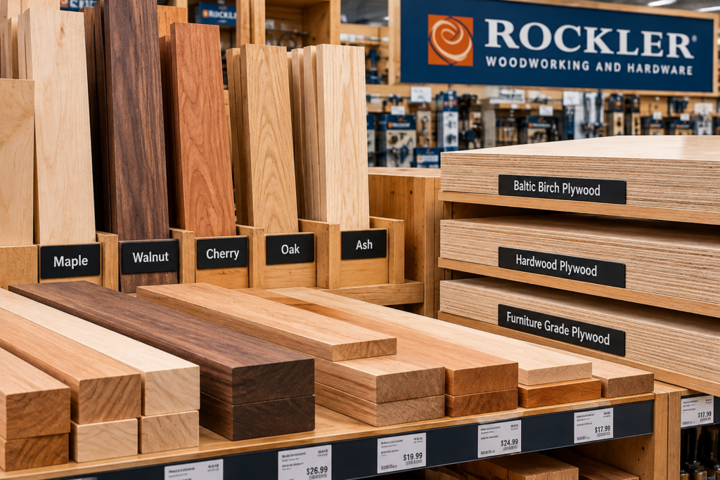 Rockler Woodworking hardwood lumber and plywood selection, including maple, walnut, cherry, oak, ash, and Baltic birch plywood.