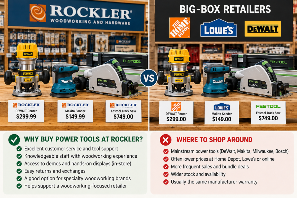 Rockler Woodworking power tool comparison with big-box retailers, showing DeWalt, Makita, and Festool tools, prices, and shopping considerations.