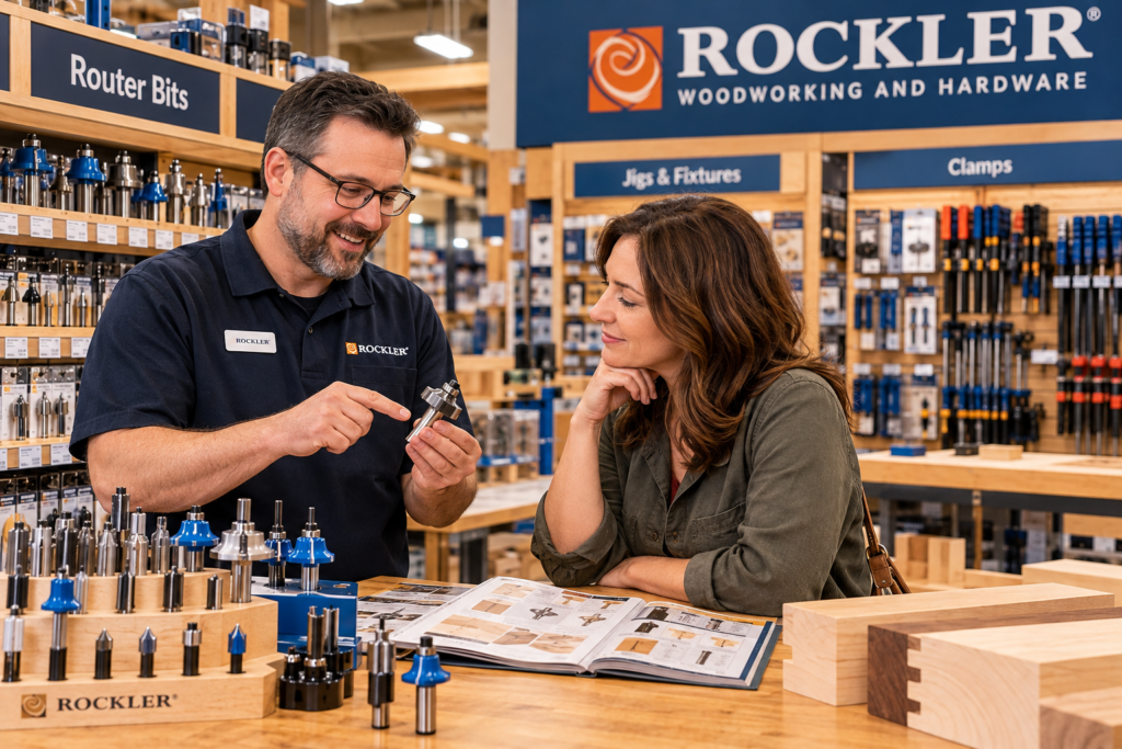 Rockler Woodworking store employee demonstrating a router bit to a customer surrounded by woodworking tools, jigs, and accessories.
