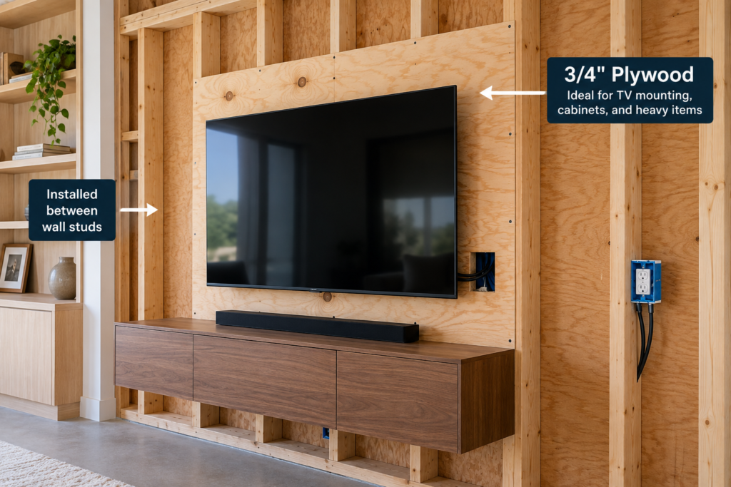Plywood thickness for walls showing 3/4-inch plywood backing for a TV mount between wall studs