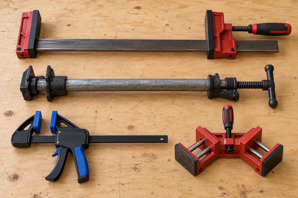 Best clamps for plywood comparison showing parallel-jaw, pipe, one-handed bar and specialty clamps.