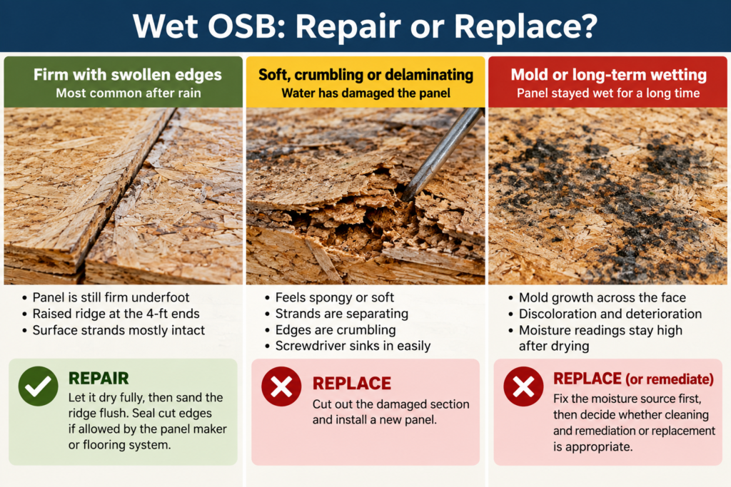 Can OSB get wet? Wet OSB repair or replace chart showing swollen, soft, and mold-damaged panels